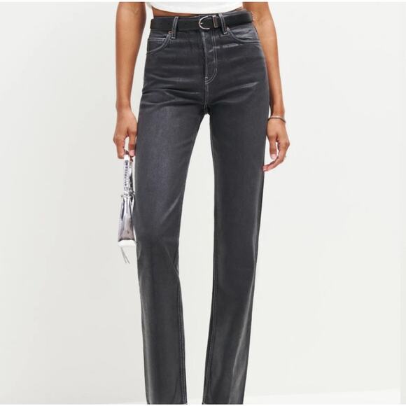 NEW-NWT Reformation Cynthia High Rise Straight Long Jeans Glossy Black Size 23 - Picture 1 of 8